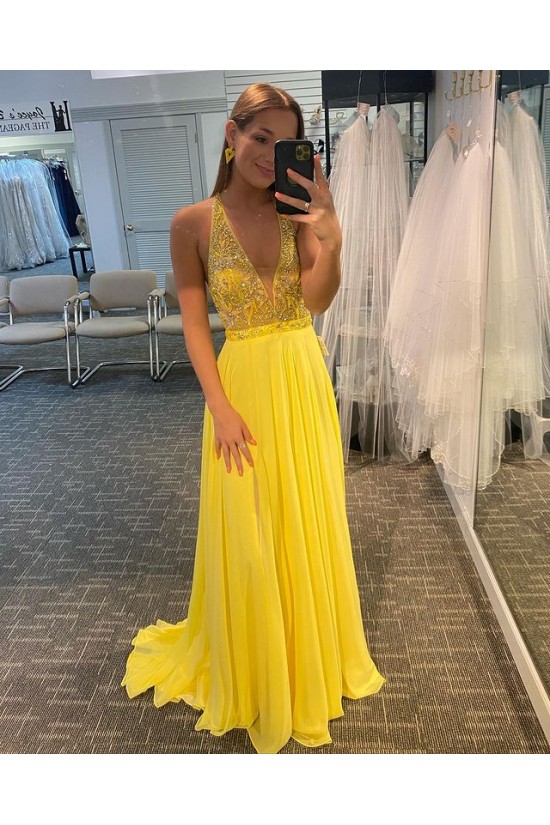 Long Yellow Chiffon Beaded Prom Dress Formal Evening Gowns 901520 Long Yellow Chiffon Beaded Prom Dress Formal Evening Gowns 901520
