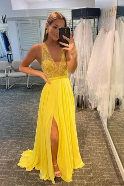 Long Yellow Chiffon Beaded Prom Dress Formal Evening Gowns 901520