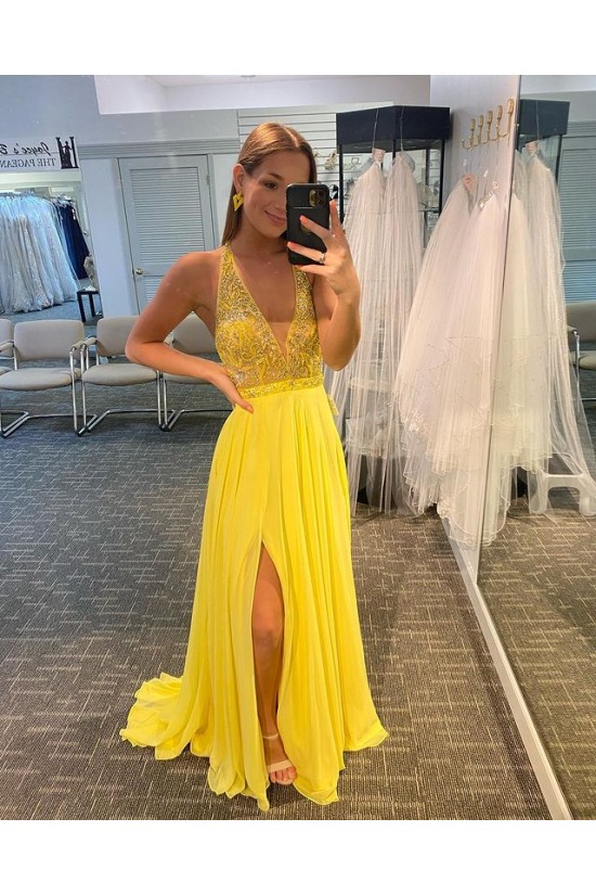 Long Yellow Chiffon Beaded Prom Dress Formal Evening Gowns 901520 Long Yellow Chiffon Beaded Prom Dress Formal Evening Gowns 901520