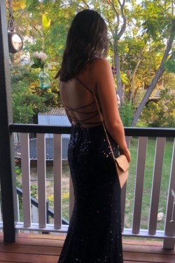 Long Navy Blue Sequin Prom Dress Formal Evening Gowns 901522