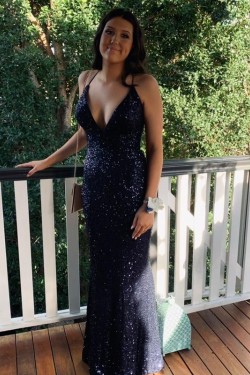 Long Navy Blue Sequin Prom Dress Formal Evening Gowns 901522