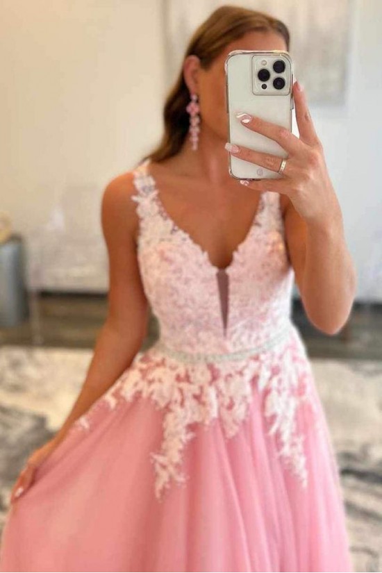 A-Line Long Pink Lace and Tulle Prom Dresses Formal Evening Gowns 901525