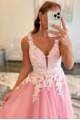 A-Line Long Pink Lace and Tulle Prom Dresses Formal Evening Gowns 901525