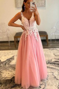 A-Line Long Pink Lace and Tulle Prom Dresses Formal Evening Gowns 901525