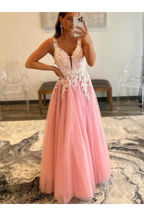 A-Line Long Pink Lace and Tulle Prom Dresses Formal Evening Gowns 901525