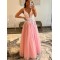 A-Line Long Pink Lace and Tulle Prom Dresses Formal Evening Gowns 901525
