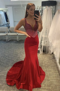 Long Red Mermaid Beaded Prom Dress Formal Evening Gowns 901526