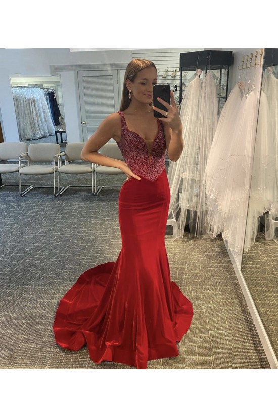 Long Red Mermaid Beaded Prom Dress Formal Evening Gowns 901526 Long Red Mermaid Beaded Prom Dress Formal Evening Gowns 901526