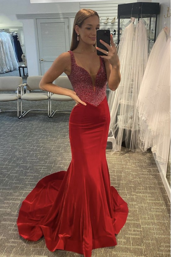 Long Red Mermaid Beaded Prom Dress Formal Evening Gowns 901526 Long Red Mermaid Beaded Prom Dress Formal Evening Gowns 901526