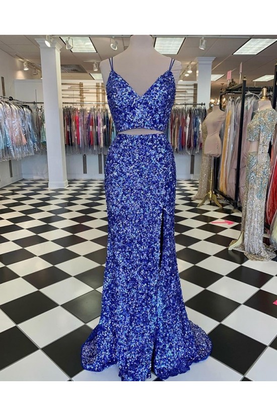 Affordable Mermaid Sequin Two Pieces Prom Dress Formal Evening Gowns 901527