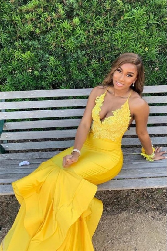 Long Yellow Mermaid Lace Prom Dress Formal Evening Gowns 901528 Long Yellow Mermaid Lace Prom Dress Formal Evening Gowns 901528
