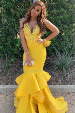 Long Yellow Mermaid Lace Prom Dress Formal Evening Gowns 901528