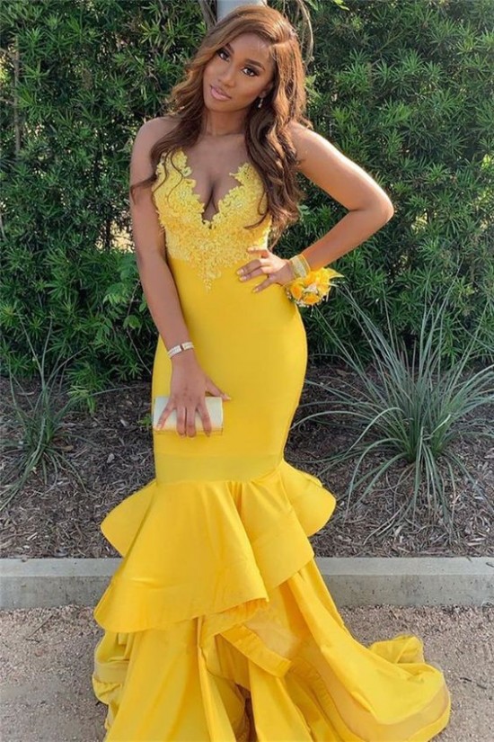Long Yellow Mermaid Lace Prom Dress Formal Evening Gowns 901528 Long Yellow Mermaid Lace Prom Dress Formal Evening Gowns 901528