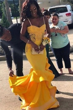 Long Yellow Mermaid Beaded Lace Prom Dress Formal Evening Gowns 901529