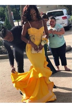 Long Yellow Mermaid Beaded Lace Prom Dress Formal Evening Gowns 901529