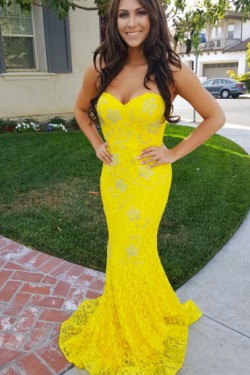 Mermaid Long Yellow Lace Prom Dresses Formal Evening Gowns 901530
