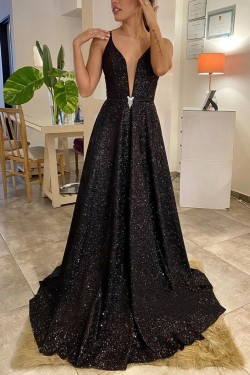 Long Black Sequin Prom Dresses Formal Evening Gowns 901533