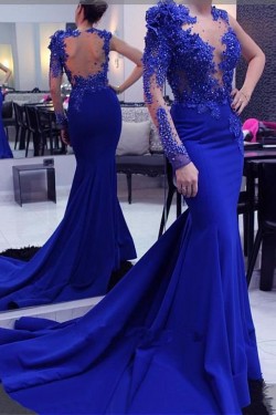 Long Royal Blue Mermaid Lace Prom Dresses Formal Evening Gowns 901543
