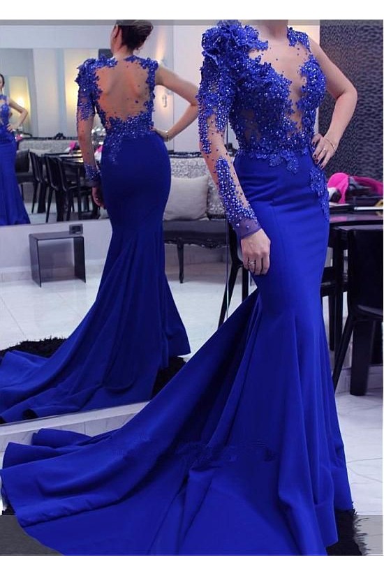 Long Royal Blue Mermaid Lace Prom Dresses Formal Evening Gowns 901543