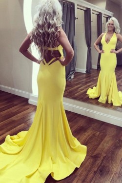 Long Yellow V Neck Prom Dresses Formal Evening Gowns 901552