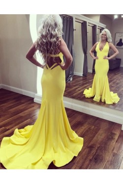 Long Yellow V Neck Prom Dresses Formal Evening Gowns 901552