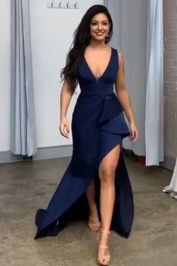 Sheath V Neck Long Prom Dresses Formal Evening Gowns 901559