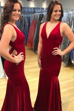 Long Red Mermaid V Neck Prom Dresses Formal Evening Gowns 901572