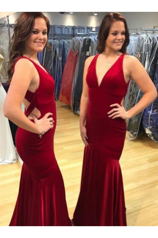Long Red Mermaid V Neck Prom Dresses Formal Evening Gowns 901572