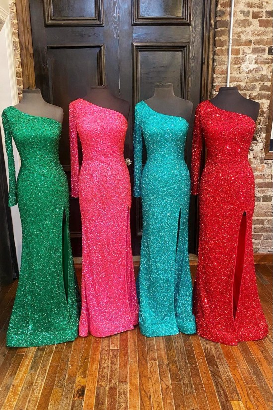 Long Green One Shoulder Sequin Prom Dresses Formal Evening Gowns 901581
