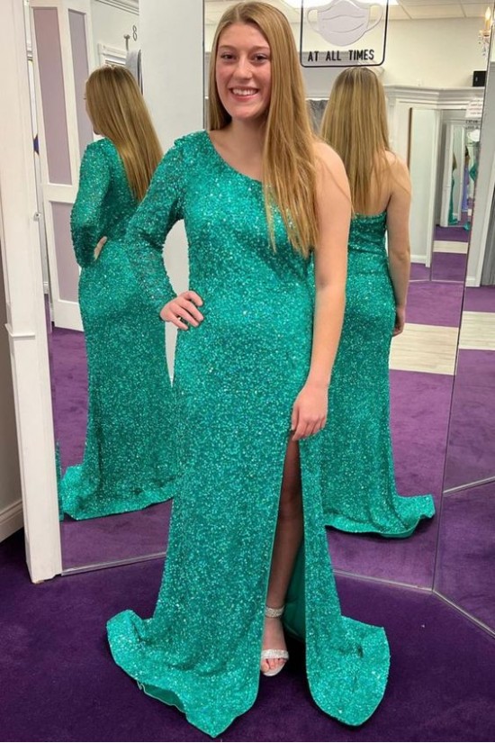 Long Green One Shoulder Sequin Prom Dresses Formal Evening Gowns 901581