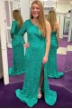 Long Green One Shoulder Sequin Prom Dresses Formal Evening Gowns 901581