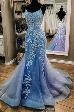 Long Blue Mermaid Lace and Tulle Prom Dresses Formal Evening Gowns 901587