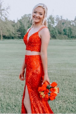 Long Mermaid Sequin Two Pieces Prom Dresses Formal Evening Gowns 901588