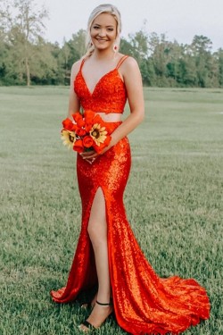 Long Mermaid Sequin Two Pieces Prom Dresses Formal Evening Gowns 901588