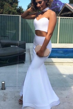 Long White Mermaid Two Pieces Prom Dresses Formal Evening Gowns 901590