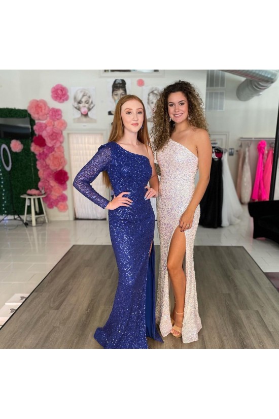 Long Royal Blue One Shoulder Sequin Prom Dresses Formal Evening Gowns 901591