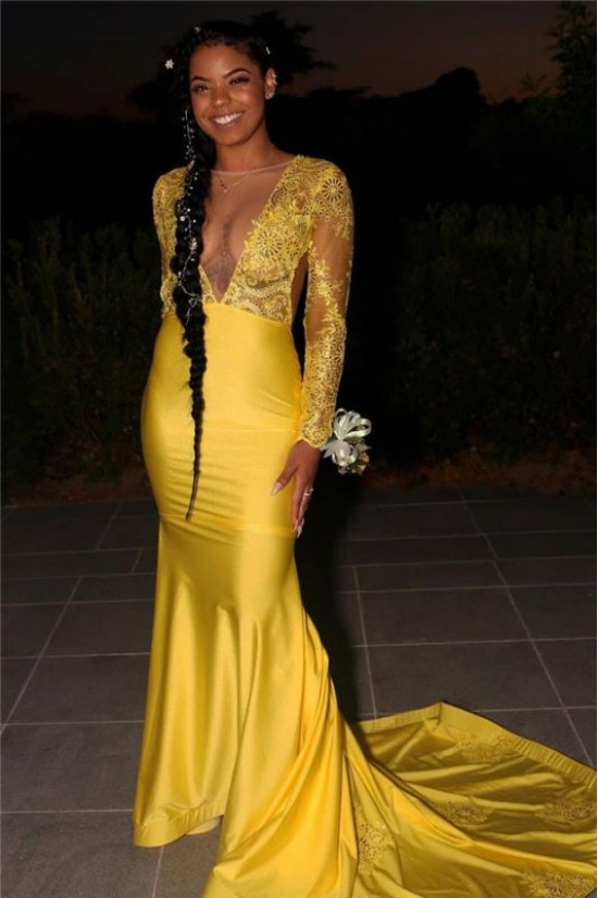 Long Yellow Mermaid Lace Prom Dresses Formal Evening Gowns 901592