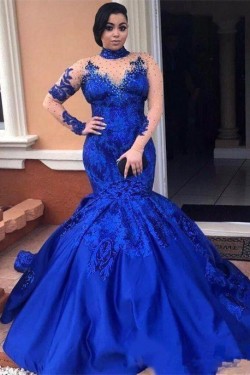 Long Royal Blue Mermaid Beaded Lace Prom Dresses Formal Evening Gowns 901594