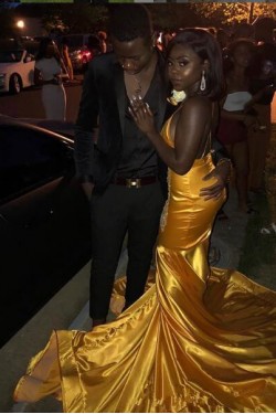 Long Yellow Mermaid Lace Prom Dresses Formal Evening Gowns 901595