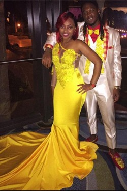 Long Yellow Mermaid One Shoulder Prom Dresses Formal Evening Gowns 901597