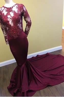 Long Grape Purple Beaded Lace Mermaid Prom Dresses Formal Evening Gowns 901602
