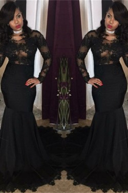 Long Black Mermaid Lace Prom Dresses Formal Evening Gowns 901603
