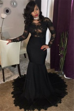 Long Black Mermaid Lace Prom Dresses Formal Evening Gowns 901603