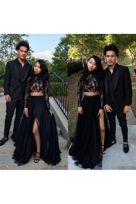 Long Black Two Pieces Lace Tulle Prom Dresses Formal Evening Gowns 901605 Long Black Two Pieces Lace Tulle Prom Dresses Formal Evening Gowns 901605