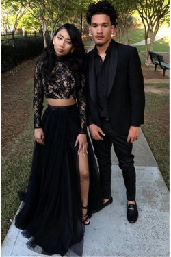 Long Black Two Pieces Lace Tulle Prom Dresses Formal Evening Gowns 901605