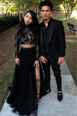 Long Black Two Pieces Lace Tulle Prom Dresses Formal Evening Gowns 901605