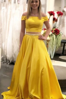 Long Yellow Beaded Two Pieces Prom Dresses Formal Evening Gowns 901606