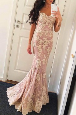 Mermaid Spaghetti Straps Long Lace Beaded Prom Dresses Formal Evening Gowns 901608