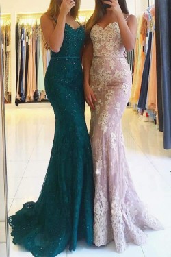 Mermaid Spaghetti Straps Long Lace Beaded Prom Dresses Formal Evening Gowns 901608