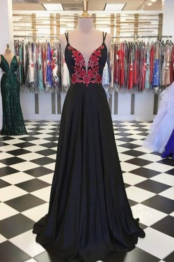 Long Black Embroidered Prom Dresses Formal Evening Gowns 901609